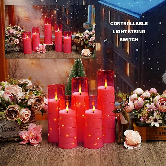 kakoya Flameless LED Candles with Timer 5 Pc Flickering Flameless Candles for Romantic Ambiance and Home Decoration Stable Acrylic Shell,with Embedded Star String,Battery Operated Candles(Pink)