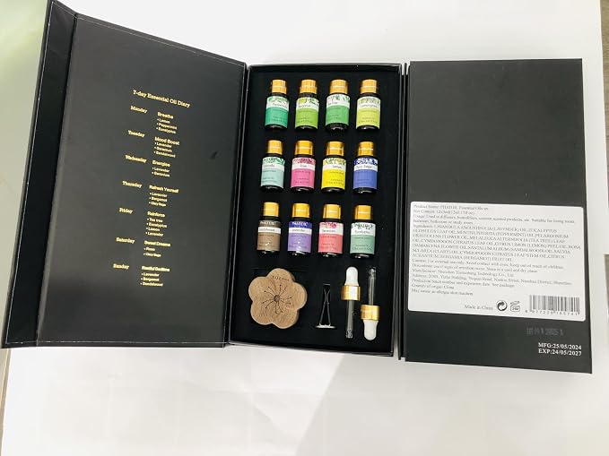 PHATOIL Essential Oil Set, 12x5ml Essential Oils Gift Set with Diffused Wood, 100% Natural Pure Essential Oils for Diffusers DIY Candle Soap Making