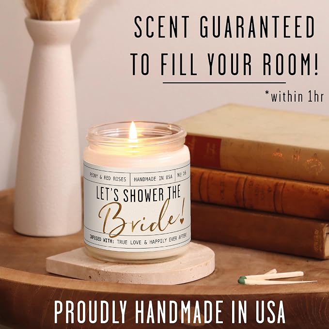 Bridal Shower Gifts, Bride Gifts for Bride to Be - 'Let's Shower the Bride' Soy Wedding Candle, w/Peony Wedding Bouquet - infused w/Essential Oils I Bachelorette Gifts for Bride I 50Hr Burn, USA Made