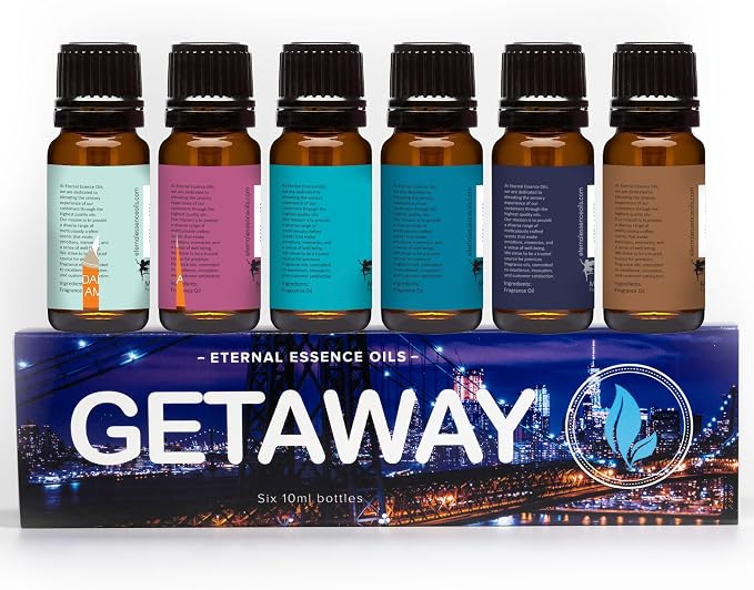 Get Away Gift Set of 6 Premium Grade Fragrance Oils - Island Hop, Ocean Breeze, Tropical Passion Fruit, Aspen Winter, Instant Vacation, Sun & Sand - 10Ml - Scented Oils