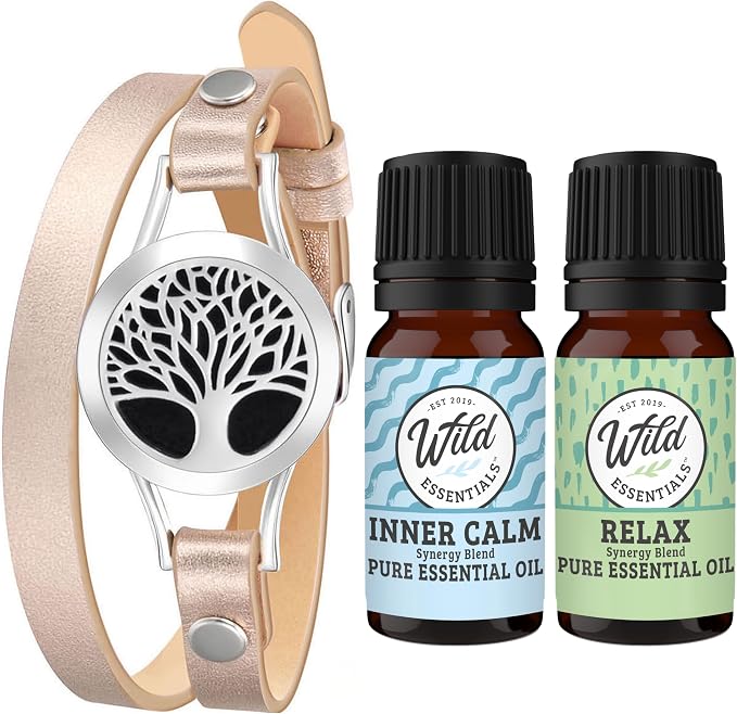 Wild Essentials Tree of Life Diffuser Wrap Bracelet Kit – Adjustable 5"–7.5" Leather + 316L Stainless Steel Locket, 12 Color Pads (17mm) – Includes Inner Calm & Relax (2 x 10ml)