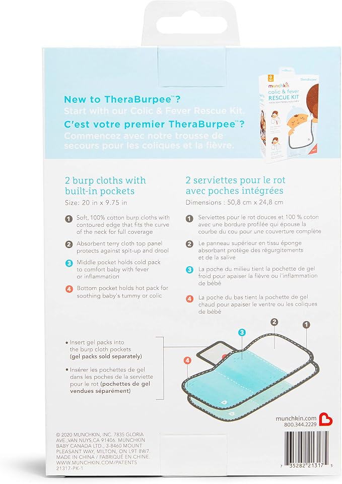 Munchkin® TheraBurpee: 2 Pack Burp Cloths with Built-in Pockets, for use with Colic & Fever Rescue Kit, 1 Blue, 1 Mint,2 Count (Pack of 1)