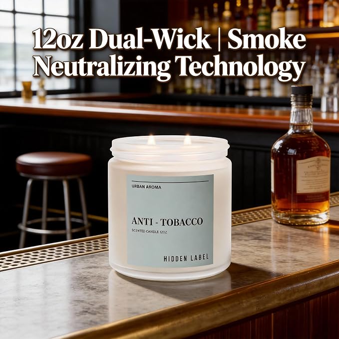 Hidden Label Anti Tobacco Soy Candle, 12oz 2-Wick, 70H Smoke Eliminator | Non-Toxic Natural Wax, Paraben & Phthalate-Free, Clean Burn | Powerful Odor Neutralizer | Masculine Decor & Gift-Ready