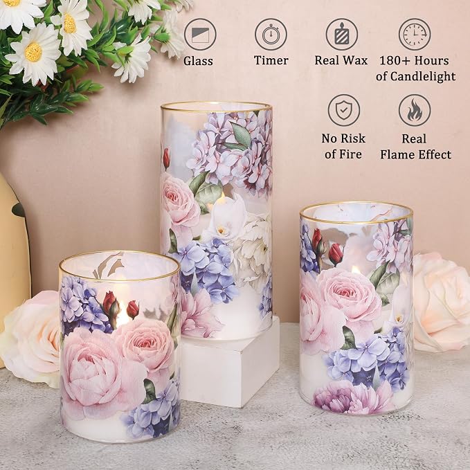 Hydrangea Rose Flameless Candles with Remote Control & Timer Function - Real Wax Glass Battery Operated Candles - Home Farmhouse Holiday Christmas Valentine's Day Decorations - Set of 3