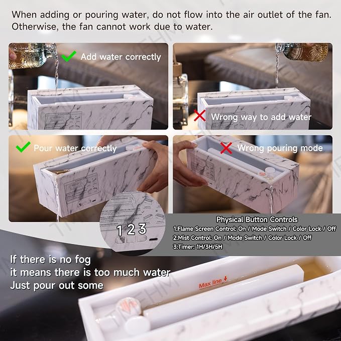 TMEHM Fireplace Flame Air Diffuser Humidifier,7 Colors Aromatherapy Essential Oil Diffuser,Ultrasonic with Timer for Home,Bedroom,Office,Yoga (White Marble)