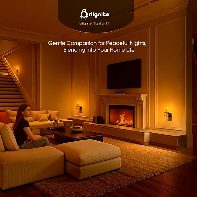 Briignite Candle Night Lights Plug into Wall, LED Amber Night Light with Dusk to Dawn Sensor, 0-100LM Dimmable, Decorative Gold Candle-Style Nightlight for Bedroom, Bathroom, Hallway, Stairway