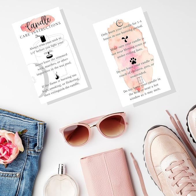 Handmade Candle Care Instruction Card | 50 Pack | for Handmade Candle Makers Soy Bees Wax Coconut Essential Oils | White and Watercolor Card