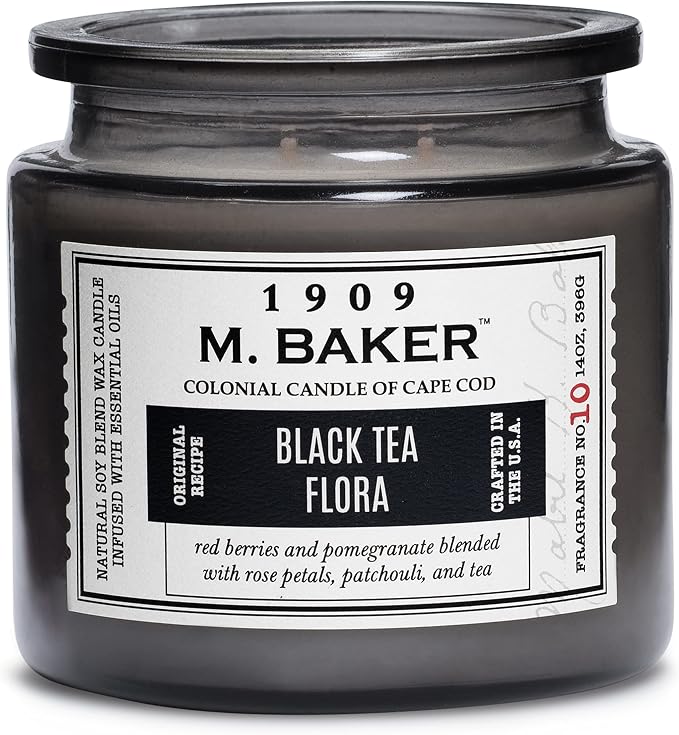 Colonial Candle Black Tea Flora Scented Jar Candle | 2-Wick Natural Soy Blend Wax Candle for Home | Relaxing Aromatherapy Candle Infused with Essential Oils | M. Baker Apothecary Glass Jar Candle
