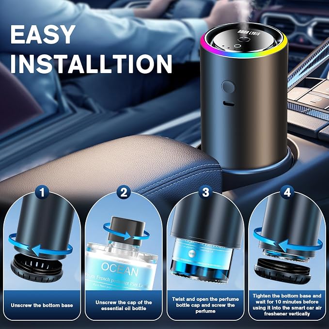 Smart Car Air Freshener, Car Air Freshener Diffuser with 100ml Perfume, Long Lasting Lasts 6 Months, RGB Music Syncing Light, Auto On/Off, 5 Adjustable Rechargeable Aroma Diffuser, Ocean