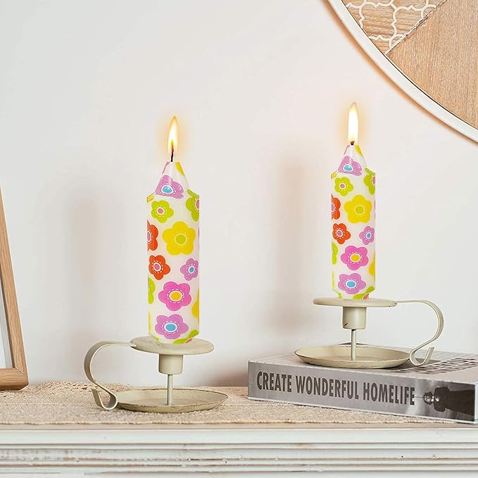 5 inch Short Candle Floral Candle Sticks Printed Candlestick Handmade Unscented Taper Candle 4 Pack Colorful Flower Tapered Candles for Home Dinner Wedding Holiday