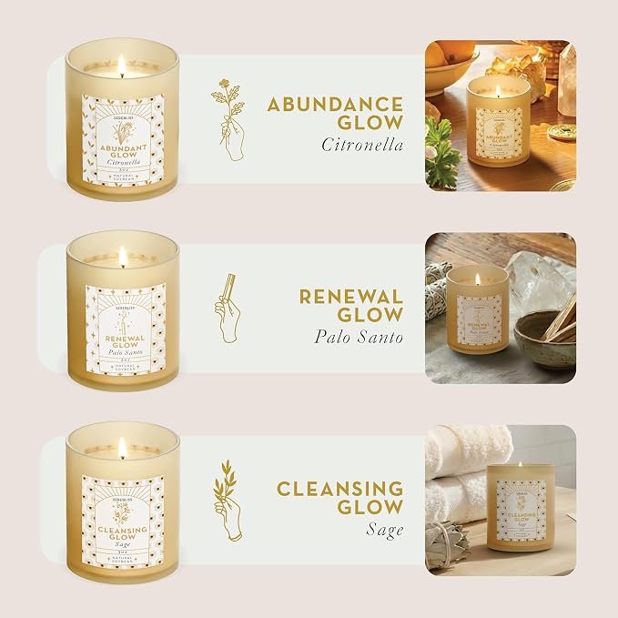 Set of 3 Energy Cleansing & Manifestation Smudge Candles - Palo Santo, White Sage, Citronella - Candle Pack for Home with 45-50 Hour Burn - Soy Wax Aromatherapy Spiritual Gift Set