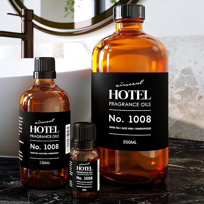AirScent Hotel Diffuser Oil No. 1008 - White Tea, Aloe Vera & Sandalwood - Hotel Scent Dupe - Premium Fragrance Oil for Ultrasonic and Waterless Diffusers and Crafting - 30 mL, 1 fl oz Glass Bottle
