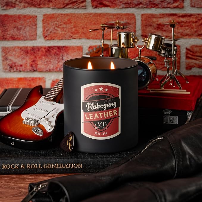 Manly Indulgence Mahogany Leather Scented Candles for Men, 2 Wick, 15 oz Premium Soy Blend Wax, 60H Burn, Candles for Home Scented – Made in The USA