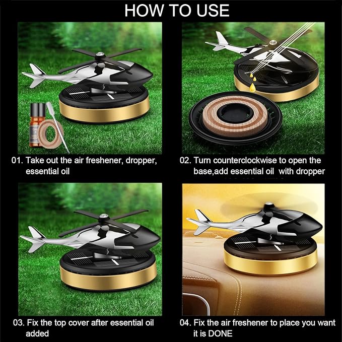 Al Alloy Helicopter Solar Air Freshener,Home&Car Interior Décor Model|Gold | Solar Rotating Diffuser for Car & Home. No Battery &Cable Needed. Premium Gold Al Alloy Freshens Air Naturally
