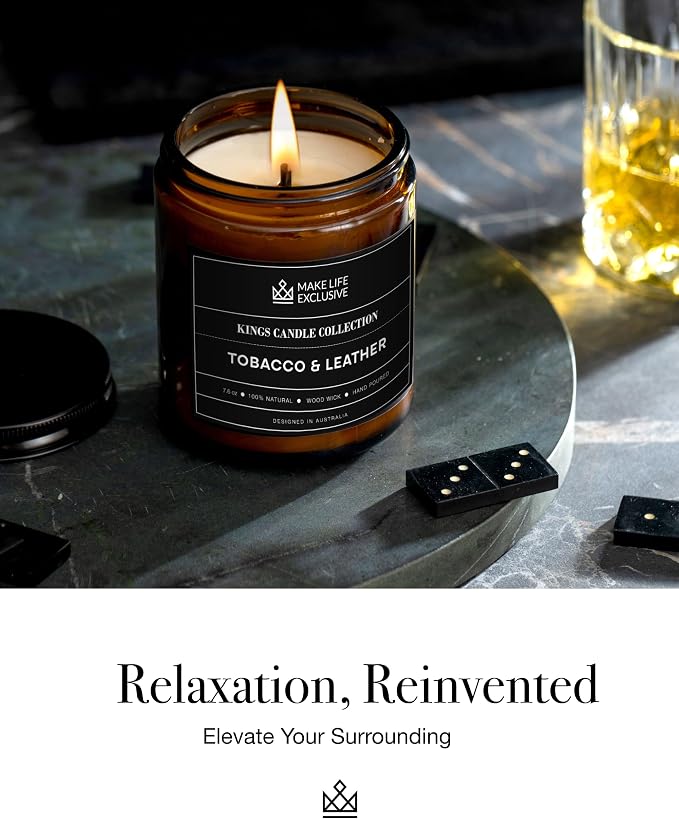Scented Candles for Men | Tobacco & Leather Scented | Wooden Wick, Long Lasting, Masculine Scents | Natural Soy Jar Candle for Home, Bacehlor Pad Decor | The Perfect Mens Gift