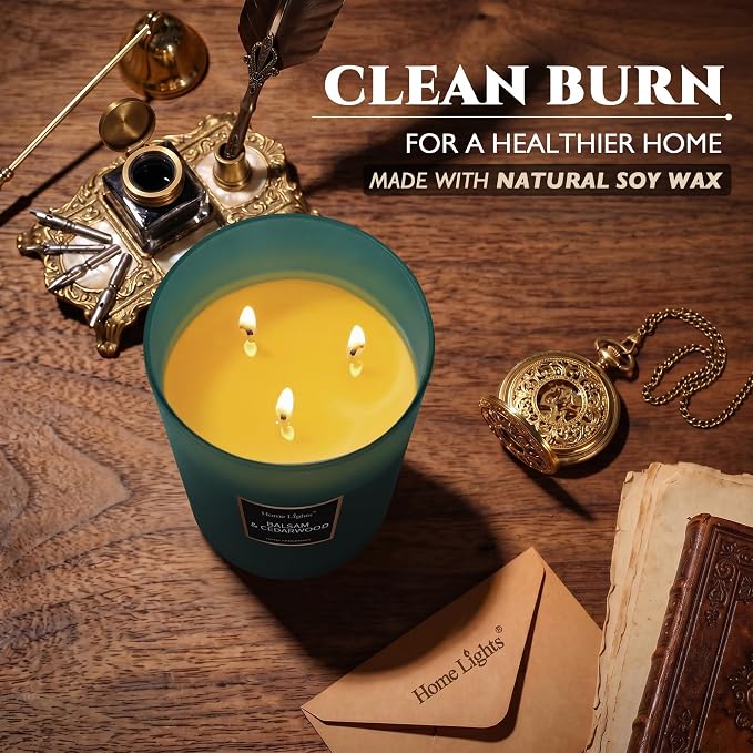 HomeLights Highly Scented Soy Candles Big 33.3 oz for Home. 3 Cotton Wicks, Smokeless Long Lasting 130 hrs in Balsam & Cedar. 5x6, Great Gift for Women & Men