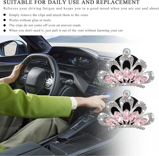 Yourkar 2 PCS Bling Car Air Vent Clips, Crystal Rhinestone Crown Vent Decorative Air Freshener Clips, Sparkly Diamond A/C Outlet Aroma Diffuser Clip for Vehicles, Car Accessories (Pink)