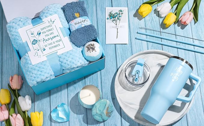 Birthday Gifts for Women Self Care Get Well Soon Gifts, Ocean Relaxing Spa Kit Bath Gift Basket Care Package w/ Flannel Blanket 40 OZ Tumbler, Mother's Day Gift for Mom Her Wife Girlfriend Sister