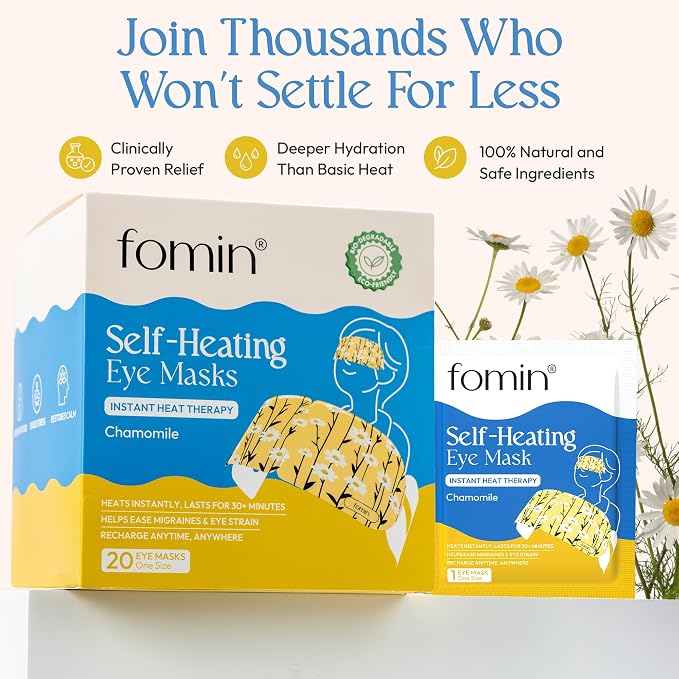 Fomin Steam Eye Mask - 20 Pack - Chamomile - Self Heating Warm Compress for Dry Eyes, Puffy Eyes & Dark Circles, Disposable Sleep Mask for Home, Spa, Travel Essentials & Relaxation Gifts for Women