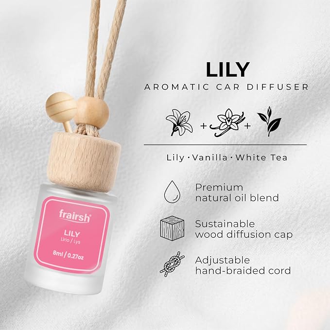 Hanging Car Air Freshener 3 Count, 8 ml Each, Lily Scent, Natural Odor Eliminator Essential Oil Diffuser, Gentle Soft Elegant Non-Overpowering Fragrance