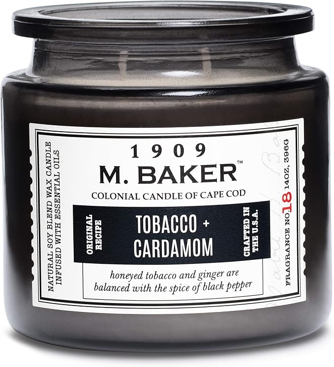 Colonial Candle Tobacco Cardamom Scented Jar Candle | 2-Wick Natural Soy Blend Wax Candle for Home | Relaxing Aromatherapy Candle Infused with Essential Oils | M. Baker Apothecary Glass Jar Candle