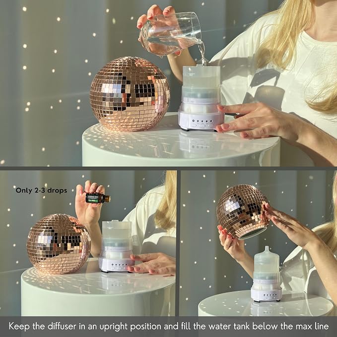 SCANDINORDICA Disco Ball Diffuser - Original Rotating Disco Essential Oil Diffuser with Whisper Quiet Operation, 14 Color Night Light & 4Time Settings | Cute Eclectic Decor for Medium Room Rose Gold