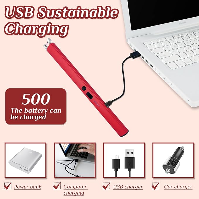 2 PCS Candle Lighter,Windproof Flameless Electric Lighter with LED Power Display & Safety Switch, Upgraded Plasma USB Rechargeable Lighters for Birthday Camping BBQ (Red)