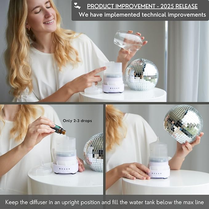 SCANDINORDICA Disco Ball Diffuser - Original Rotating Disco Essential Oil Diffuser with Whisper Quiet Operation, 14 Color Night Light & 4Time Settings | Cute Eclectic Home Decor for Medium Room Silver