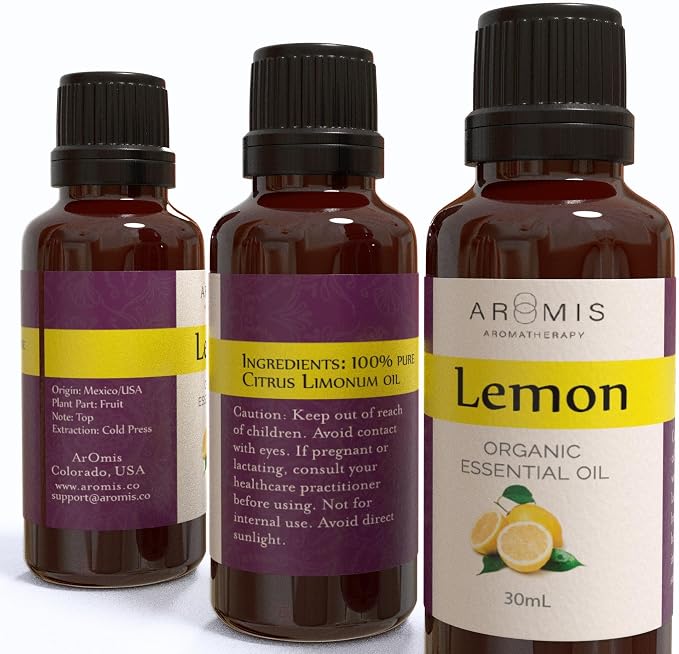 ArOmis Organic Lemon Essential Oil - 100% Pure Therapeutic Grade - Undiluted, Premium Oil - 150 Micron Filtered, Perfect for Aromatherapy Diffusers (30ml / 1 fl oz)