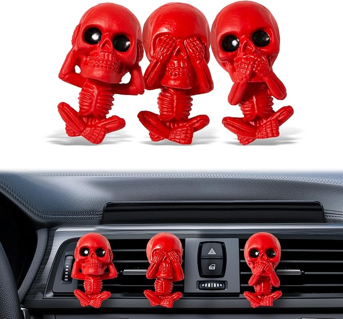 Skull Car Air Freshener Vent Clips, Goth Decor Interior, Gothic Halloween Cool Decoration Horror Skeleton Dashboard Accessories Spooky, Cute Funny Gifts for Men Women