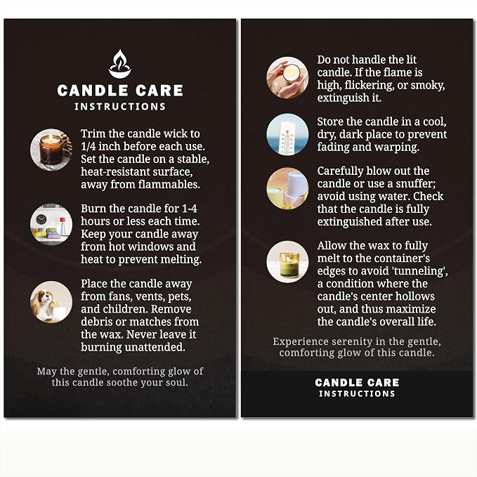 200 pack - Premium Handmade Candle Care Instruction Cards Black 2x3.5 in, Small Business | Soy Bees Wax Melt, Candle Makers, Making Supplies Kit Set, Containers, Jars, Pot, Package