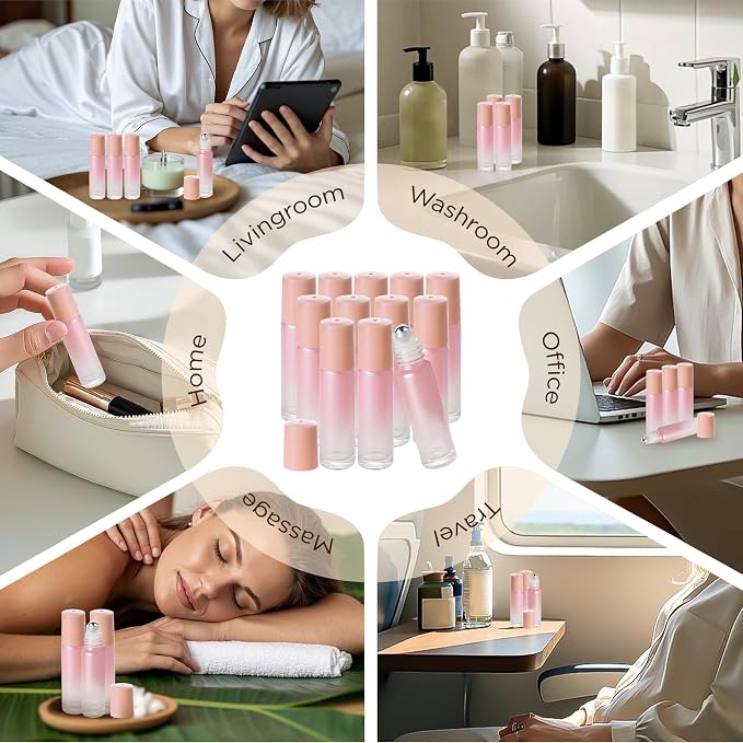 SESENSE Essential Oil Roller Bottles, 10ml Thick Glass Perfume Roller Bottles with Funnel Opener and Dropper Colored Glass Empty Bottles with Stainless Steel Roller Balls (Pink, 12 Pack)