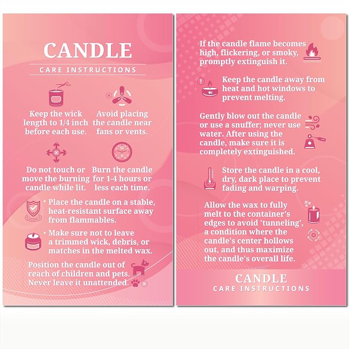 200 pack - Premium Handmade Candle Care Instruction Cards Pink 2x3.5 in, Small Business | Soy Bees Wax Melt, Candle Makers, Making Supplies Kit Set, Containers, Jars, Pot, Package