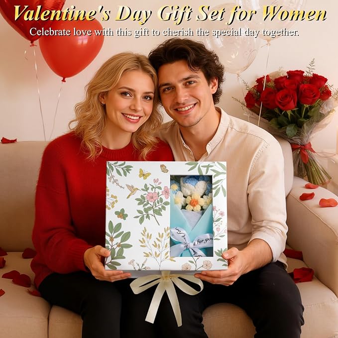 Mothers Day Gifts for Women Mom Friend Sister, Unique Birthday Gifts for Women Girlfriend Wife Daughter, Christmas Candles Hummingbird Rotating Scented Candles Set for Woman w/Crochet Flower Bouquet