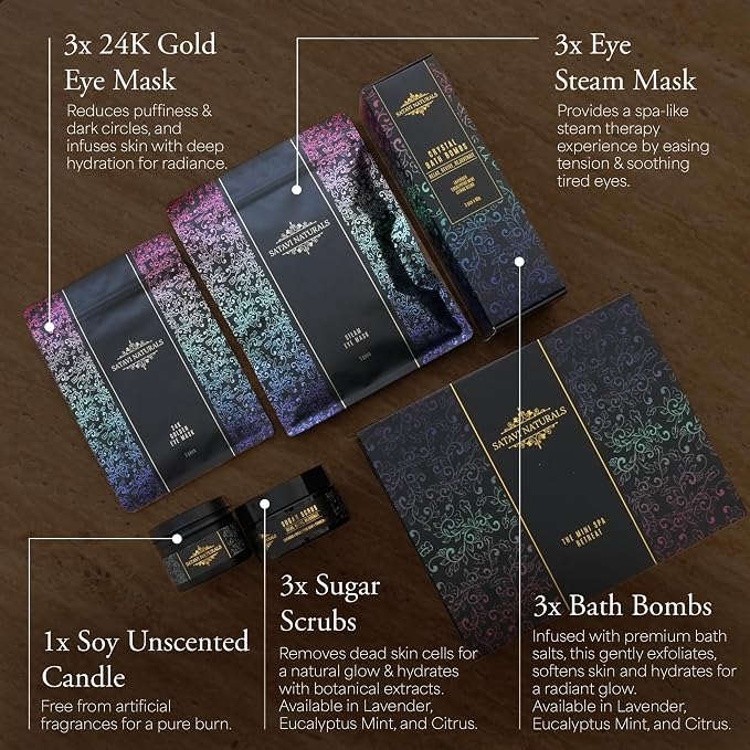 Spa Gift Set for Women – The Mini Spa Retreat | Bath Bombs, Sugar Scrub, Candle, 24K Gold Eye Masks & Steam Eye Mask | Self Care & Relaxation Gift Box for Stress Relief at Home