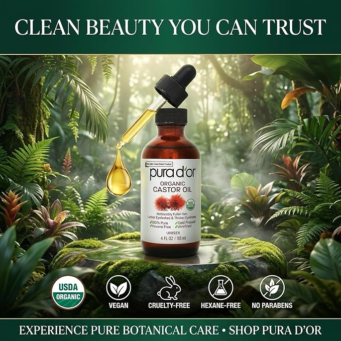 PURA D'OR Organic Castor Oil – Pure Cold-Pressed, Hexane-Free, USDA Certified - Hair, Lashes, Brows, Scalp, Skin: Supporting Softness, Strength, Hydration, Shine & Radiance 4 Oz Hair Regrowth Tonic