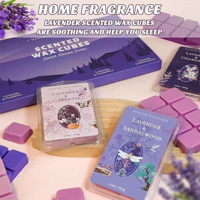 SCENTORINI Wax Melts, Wax Cubes Strong Scent, Summer Scents, Lavender Scented Wax for Sleep, Wax Melts for Warmer, 2*Lavender & Gardenia, Sage, Chamomile, Sandalwood, 2.5 oz 8-Pack