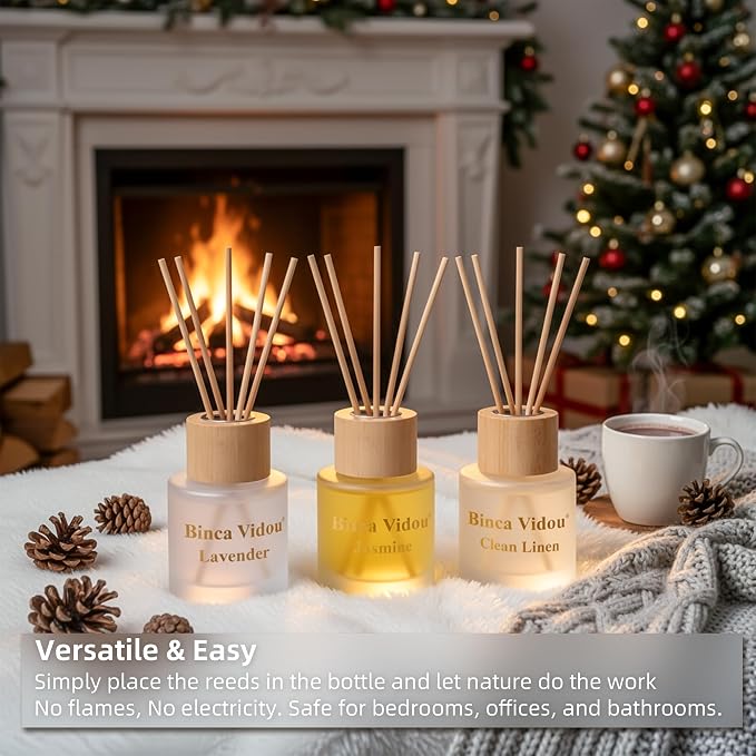 Reed Diffuser Set of 3, Binca Vidou Natural Scent Oil Diffusers with Sticks for Home Office Bathroom Aromatherapy Decor 1.69oz x 3(Lavender, Linen & Jasmine)
