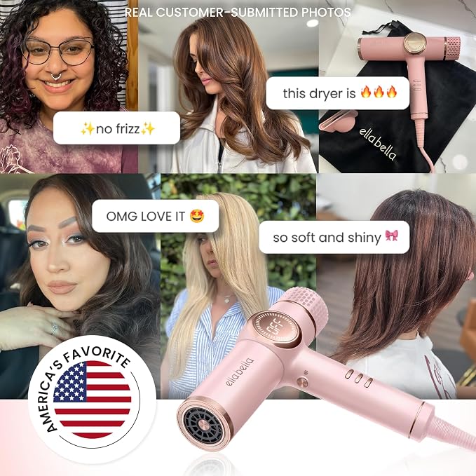 ELLA BELLA® Professional Ionic Hair Dryer with Diffuser • Negative Ion Blow Dryer • Suitable All Hair Types • Intelligent Heat Control & Rapid Drying Speeds • Lightweight Design • Low Noise Technology