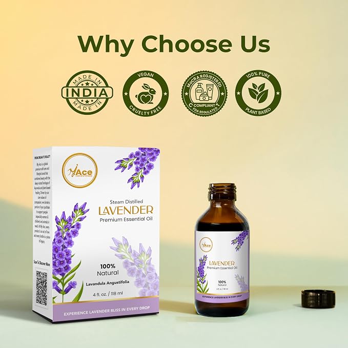 My ACE Lavender Essential Oil 4 Fl Oz - 100% Pure & Natural - Premium Grade for Aromatherapy, Diffuser, Skin, Hair, Massage, Candle & Soap Making, Home - Glass Bottle with Dropper - Long Lasting Scent