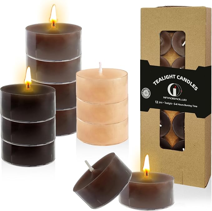 Gradient Brown Tealight Candle Coffee Scented Tealight Candles 12 Pack Hand Poured Smokeless 4 Hour Clean Burning Round Tea Lights for Morning Coffee Ritual Breakfast Table Kitchen Counter