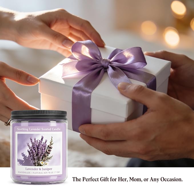Homsolver Soothing Lavender Scented Candle, Natural Soy Candles with 50+ Hour Burn, Soft Juniper Lavender Fragrance Gift for Women, Men Friends, Everyday Use, Comfortable Spaces (Boutique Gifts Size)