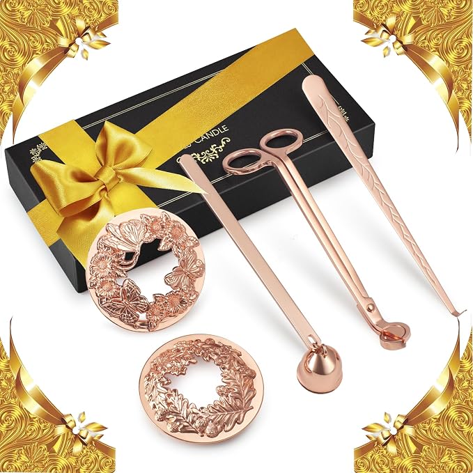 5 Pieces Candle Care Kit with Gift Box, Including Wick Trimmer、Candle Snuffer、2 Candle Toppers and Wick Dipper, Antique Brass Accessories Set for Candle Maintenance & Decoration (Rose Gold)