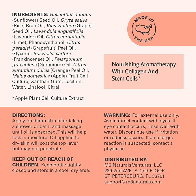Frankincense Essential Massage Oil for Scars, Stretch Marks & Fine Lines, Firming, Hydrating, Smoothing & Calming Formula with Collagen, Stem Cells, Lavender & Grapefruit, 8 fl oz, by M3