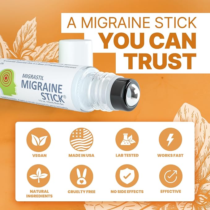 Basic Vigor Migrastil Migraine Stick Rollon - Fast Cooling Comfort for Your Head. Aromatherapy with Peppermint & Other Essential Oils. Metal Roller. Made in USA