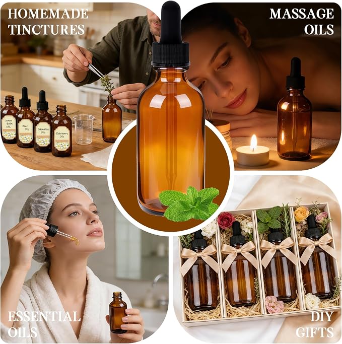 STAERSIDE 48-Pack 2 oz Amber Glass Dropper Bottles, Leakproof & Durable for Essential Oils & Craft Use, Complete Kit with Funnel, Brush, Labels, Extra Droppers & Measuring Cup
