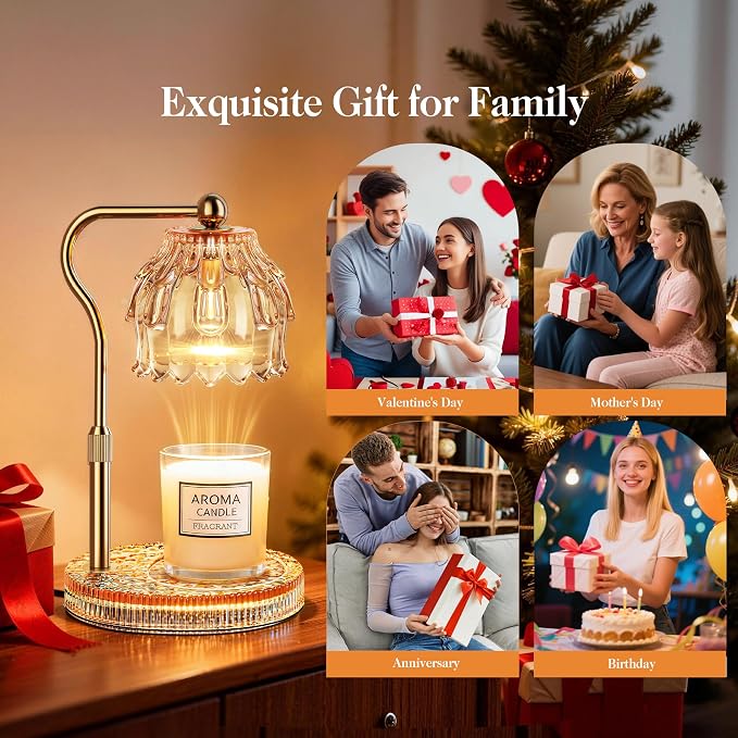 Candle Warmer Lamp with Timer Dimmer, Modern Wax Warmer for Scented Wax Jar Candle Warmer with 2 Bulbs, Adjustable Height Glass Lamp for Women, House Warming Gifts, Gold Amber