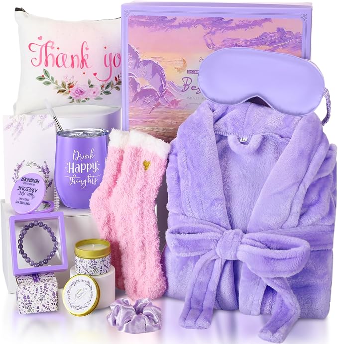 Sieral 12 Pcs Birthday Gifts for Women Spa Basket Set for Women Mother's Day Gifts Flannel Bathrobe Tumbler Scented Candle Makeup Bag Eye Mask Mirror Bracelet for Mom, Nurse, Wife, Girlfriend