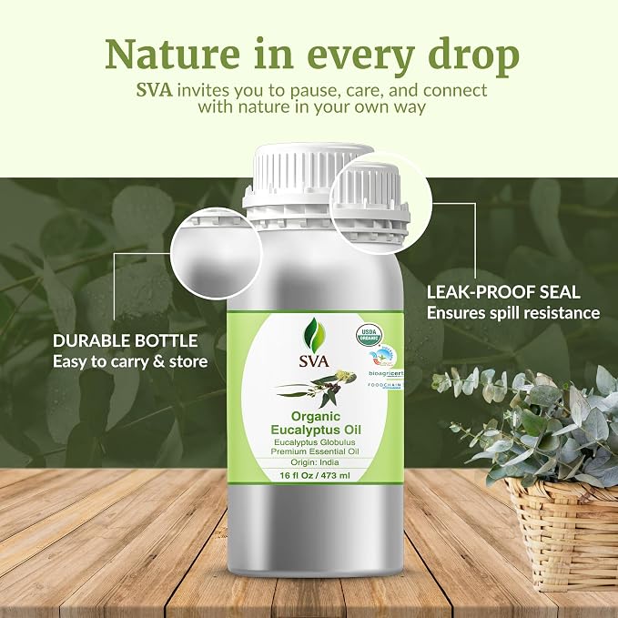 SVA Eucalyptus Essential Oil Organic – 16 Fl Oz – 100% Natural Organic Eucalyptus Oil for Hair, Face, Skin Care, Diffuser, Aromatherapy, Scalp, Body Massage, Soap and Candle Making