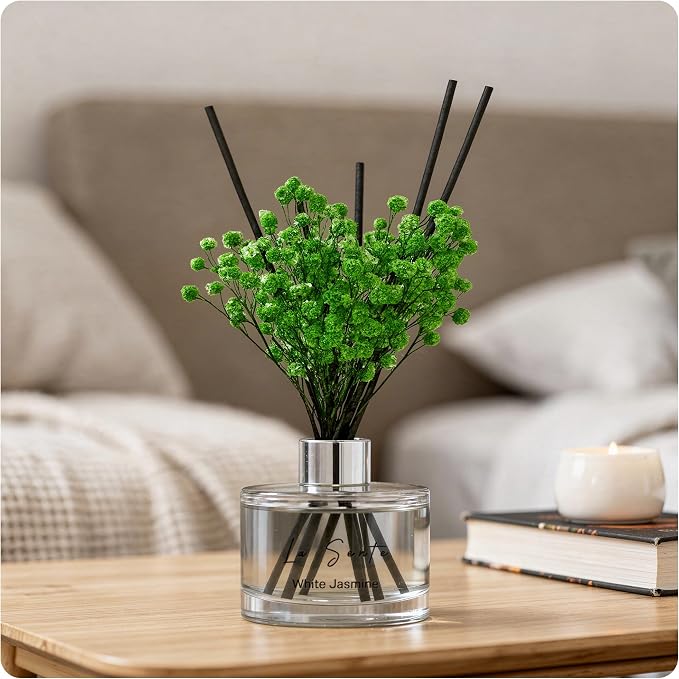 Reed Diffuser Set (6.7fl oz), Natural White Jasmine Essential Oil Fragrance with Glass Bottle, Black Rattan Sticks & Preserved Flowers, Up to 120 Days Lasting Fragrance for Home & Office